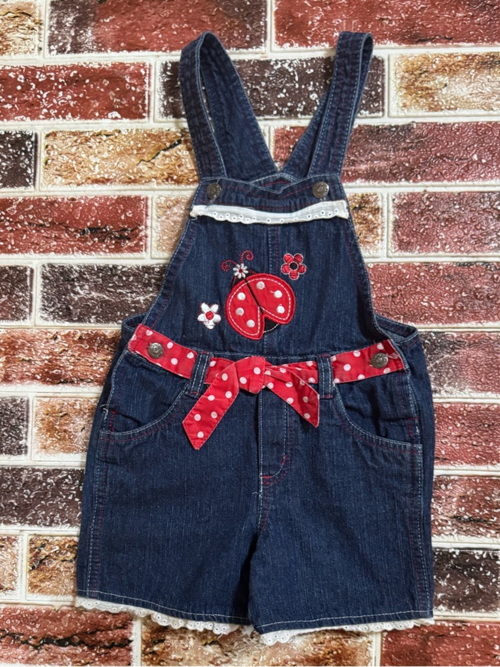 Vintage Young Hearts ladybug 🐞 shortalls overalls size 5 21” sts girls Y2K 90s